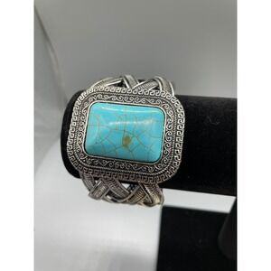 Vintage Boho Silver Tone Woven Wire Cuff Bracelet Faux Turquoise Statement Piece